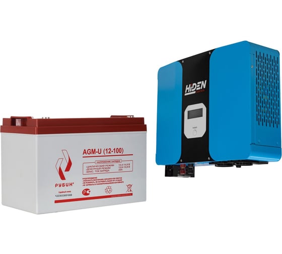 Изображение товара Источник бесперебойного питания Рубин ИБП Hiden Control HPK25-1200M Гибридный (1200ВА/1000Вт, 12В, MPPT 40А) + Аккумуляторная батарея 12V 100Ah AGM (30.5kg) HPK25-1200M/РЭ12100