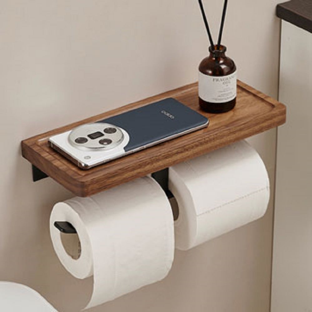 Изображение товара Держатель для туалетной бумаги двойной с полочкой SANTRADE SM-HB2812 орех