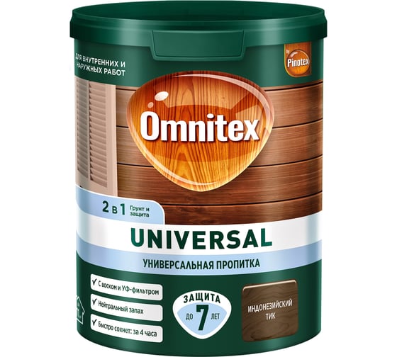 Изображение товара Пропитка Omnitex by Pinotex Universal 2 в 1 Индонезийский тик, 0.9л 50035525