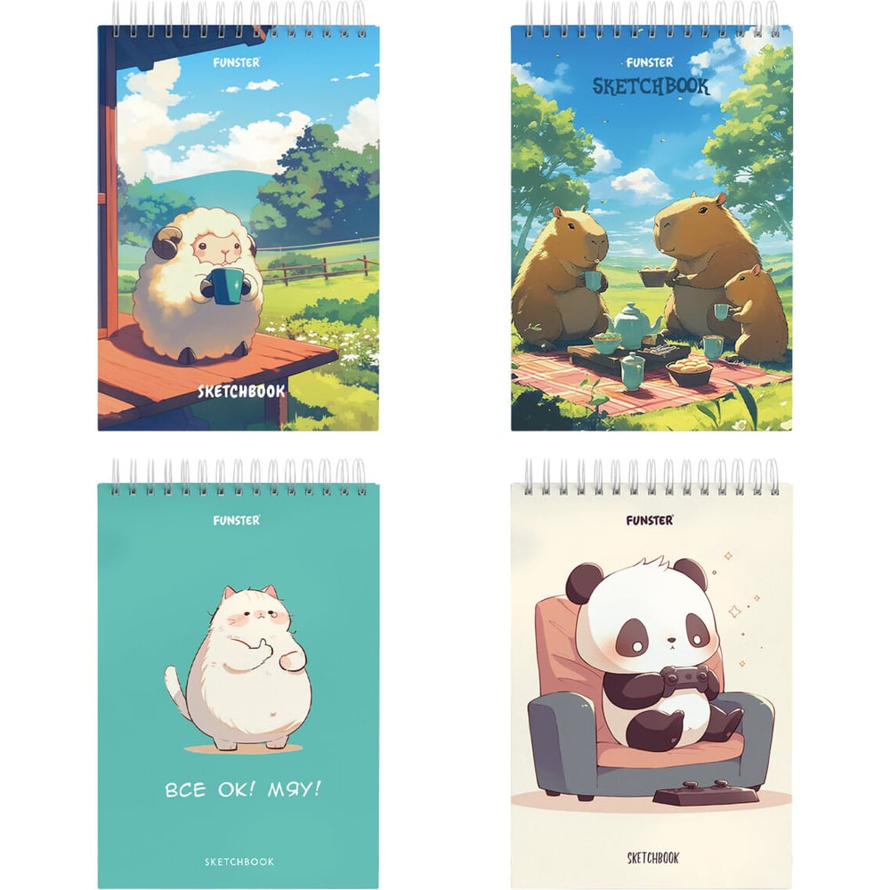 Изображение товара Скетчбук ОФИСМАГ FUNSTER белая бумага, 100г/м2, 140х201мм, 60л, 4 шт., гребень, подложка, Ассорти 116903
