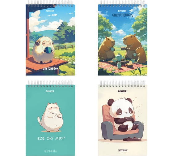 Изображение товара Скетчбук FUNSTER, белая бумага 100г/м2 140х201мм 60л, 4 шт., гребень, подложка, Ассорти, 116903