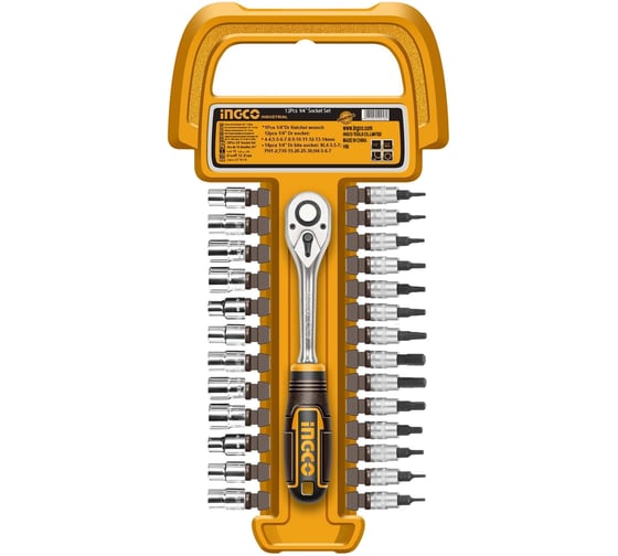 Изображение товара Набор головок и бит INGCO 1/4 с трещоткой 27шт, INDUSTRIAL HKTS14271