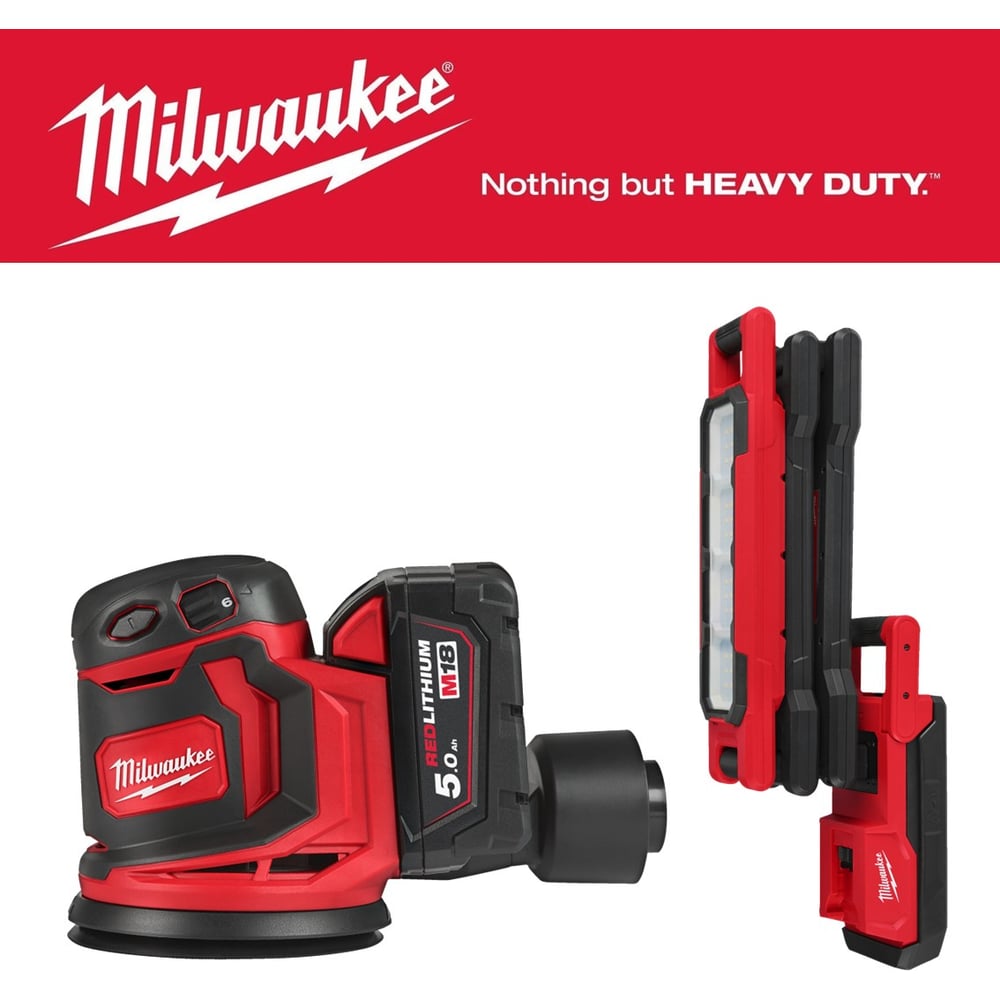 Изображение товара Набор эксцентриковой шлифмашины Milwaukee M18BOS125-502B и фонаря M18ABL-0