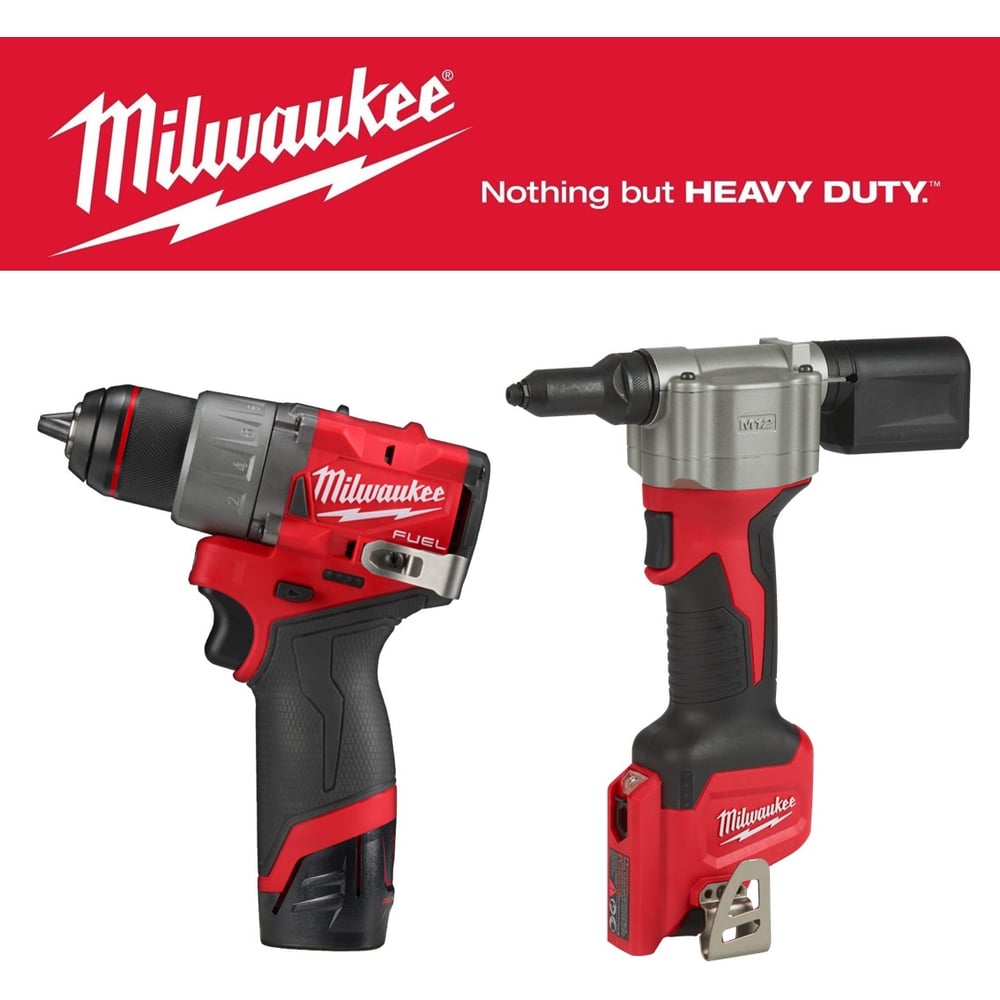 Изображение товара Профессиональный набор шуруповерта и заклепочника Milwaukee M12FDD2-202X + M12BPRT-0