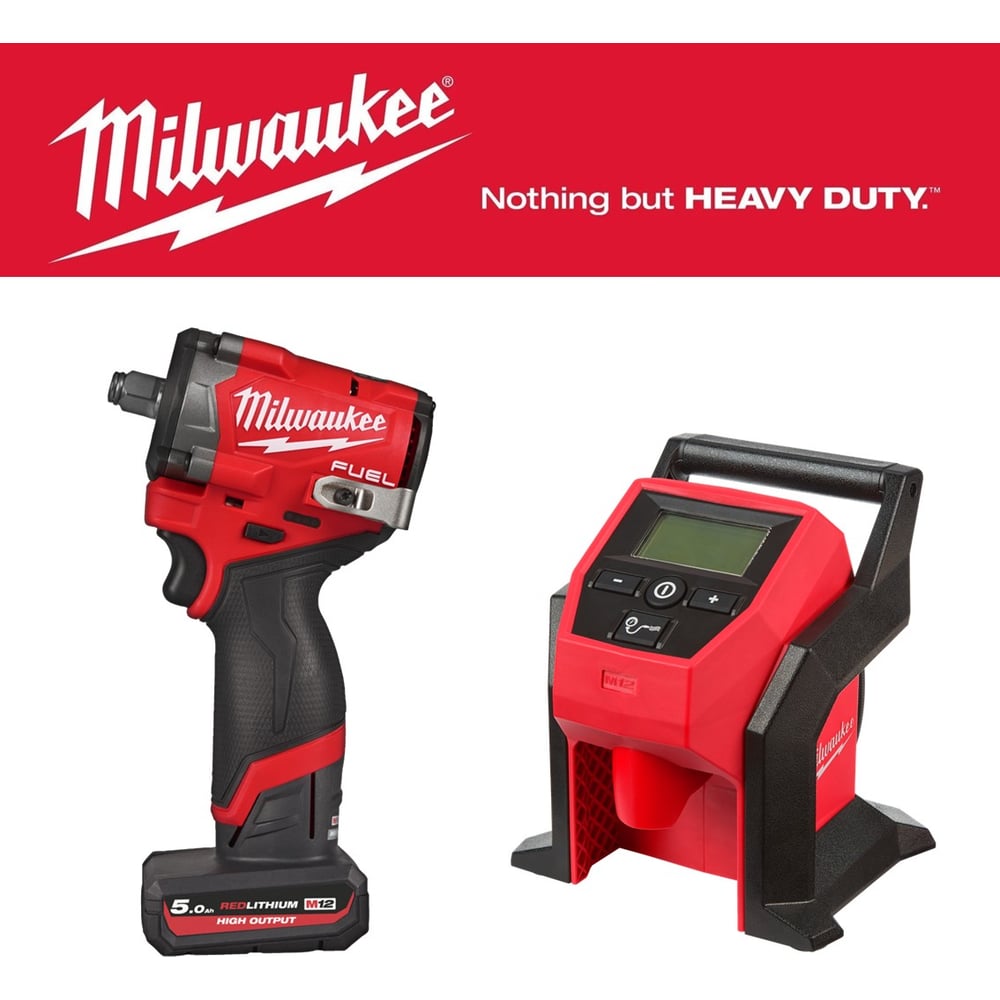 Изображение товара Набор инструментов Milwaukee: Гайковерт и компрессор M12FCIWF12G3-502X + M12BI-0