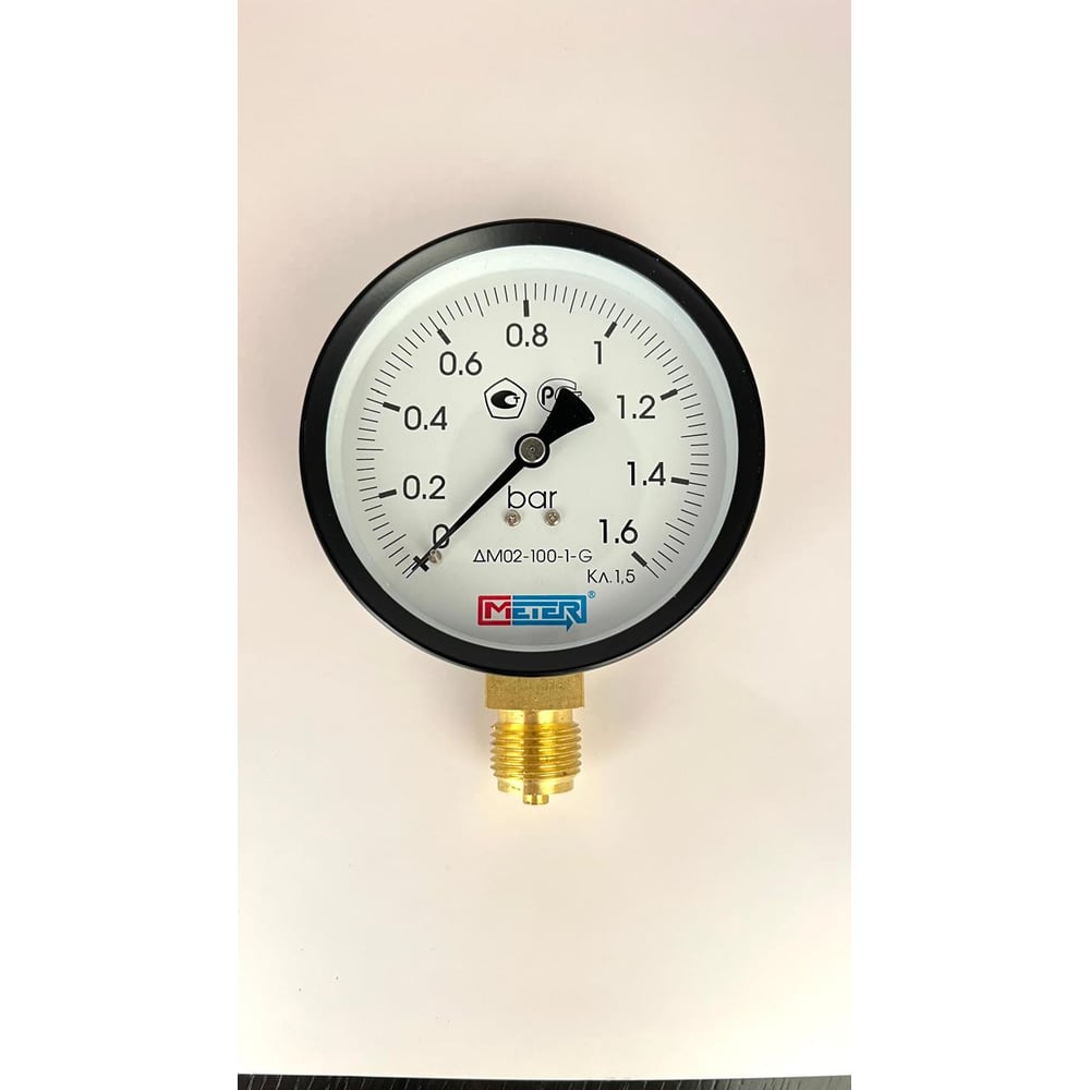 Изображение товара Манометр МЕТЕР ДМ 02-100-1-G R=0..1,6 бар G1/2 кл.1,5, диаметром 100 мм