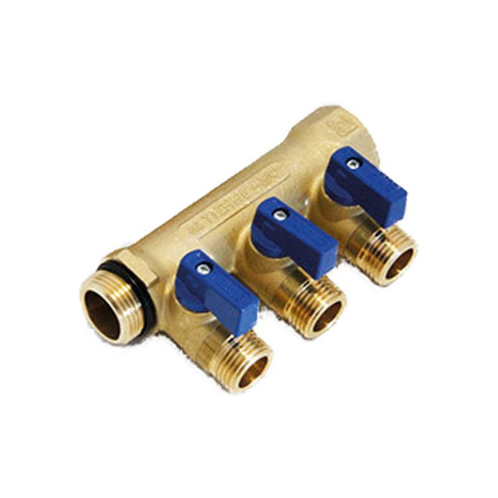 Изображение товара Коллектор Tiemme 3 отверстия, с шаровыми клапанами, 1x1/2(16), латунь, синие ручки 1820046
