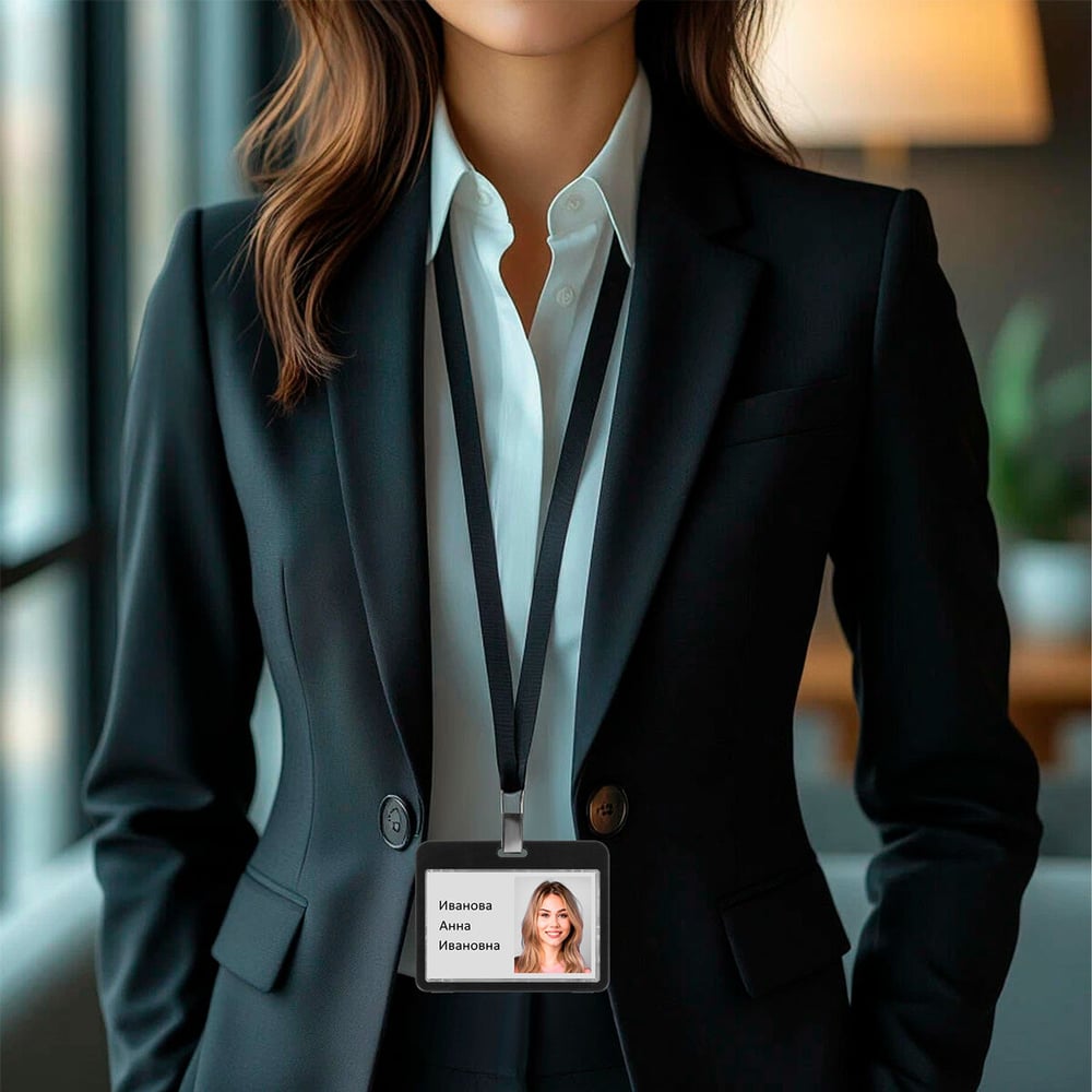 Изображение товара Бейдж горизонтальный BRAUBERG (54х85 мм), ДВУСТОРОННИЙ,черный, КОМПЛЕКТ 10 шт., ЗАЩИТА ОТ ВЛАГИ И ПЫЛИ,  EXTRA 238812