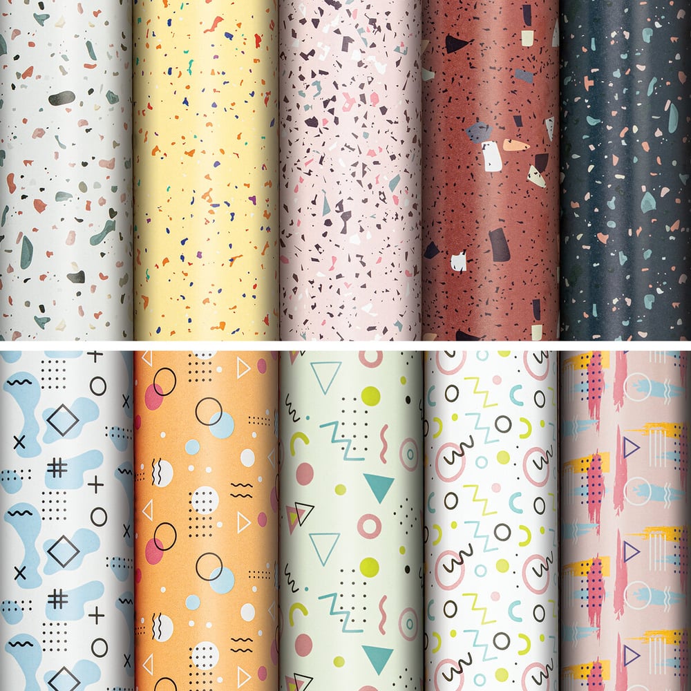 Изображение товара Мелованная упаковочная бумага Золотая сказка TerrazzoMemphis 70х100 см 10 дизайнов ассорти