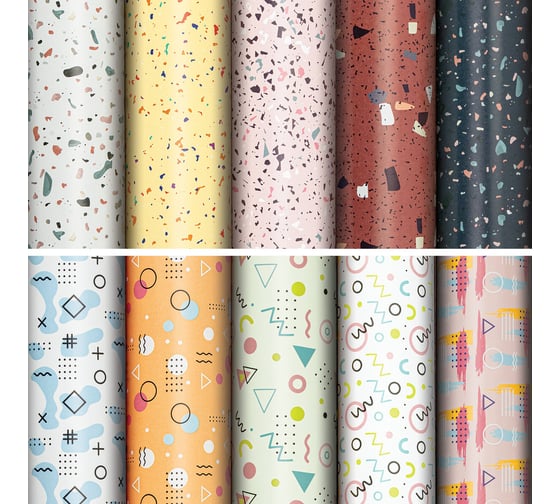 Изображение товара Бумага упаковочная мелованная Золотая сказка TerrazzoMemphis 70х100см, 10 дизайнов ассорти 592054
