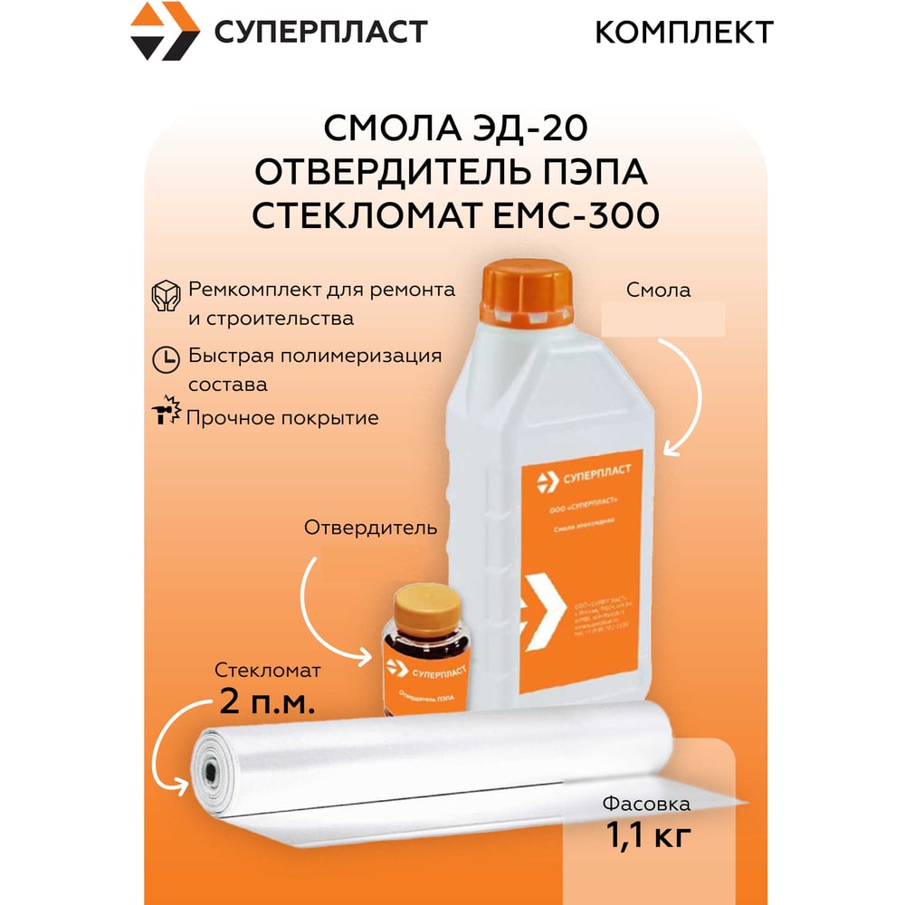 Изображение товара Комплект смолы ЭД-20 с отвердителем ПЭПА и стекломатом ЕМС-300 1,1 кг комплект