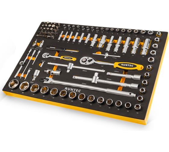 Изображение товара Набор торцевых головок с аксессуарами RUNTEC 1/2, 1/4 в ложементе EVA, 110 предметов RT-HT1E110