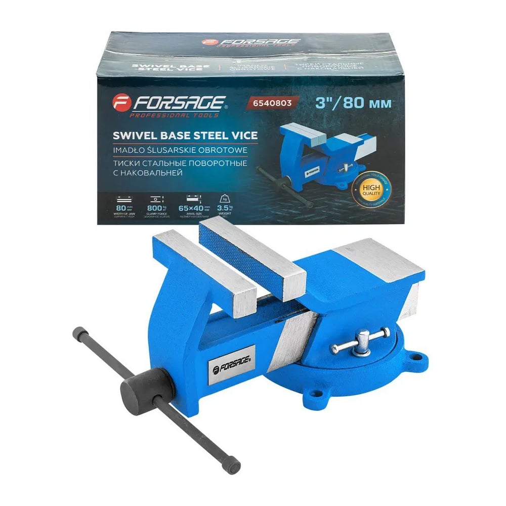 Изображение товара Стальные поворотные слесарные тиски Forsage 80 мм с наковальней F-6540803