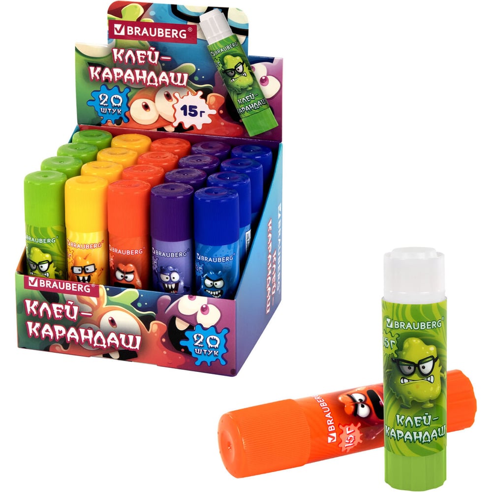 Изображение товара Клей-карандаш BRAUBERG 15 г, комплект 20 штук, ассорти