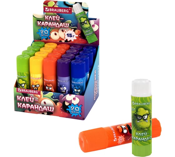 Изображение товара Клей-карандаш BRAUBERG 15 г, кросс-серия, КОМПЛЕКТ 20 шт., ассорти, 273237