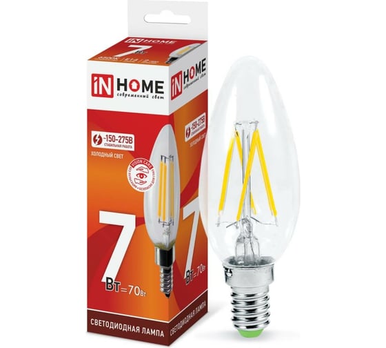 Изображение товара Светодиодная лампа IN HOME LED-СВЕЧА-deco 7Вт 230В Е14 6500К 630Лм прозрачная 4690612029665