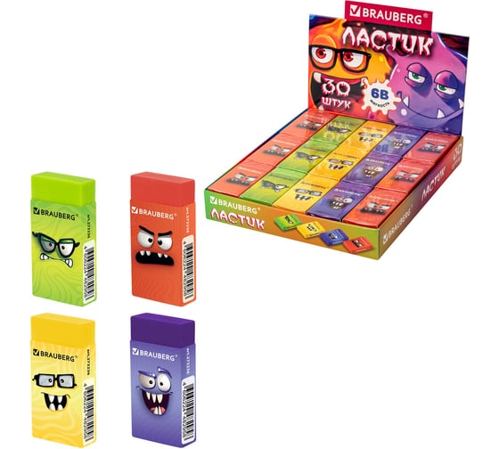 Изображение товара Ластик BRAUBERG 50х24х10 мм, 30 шт., прямоугольный, картонный держатель, ЭКО-ПВХ, ассорти, 273236