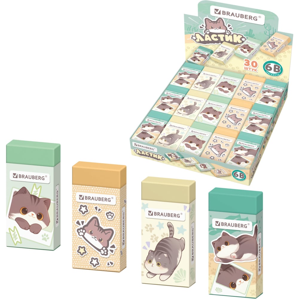 Изображение товара Ластик BRAUBERG 50х24х10 мм, 30 шт, ассорти, картонный держатель