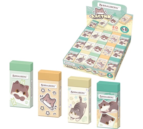Изображение товара Ластик BRAUBERG 50х24х10 мм, 30 шт., прямоугольный, картонный держатель, ЭКО- ПВХ, ассорти, 273227