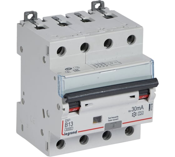 Изображение товара Автоматический выключатель дифференциального тока Legrand DX³ 6000 - 10 кА - тип характеристики B - 4П - 400 В~ - 13 А - тип A - 30 мА - 4 модуля 411356