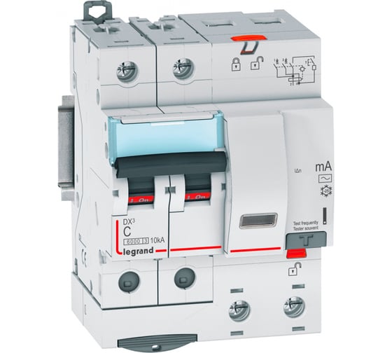Изображение товара Автоматический выключатель дифференциального тока Legrand DX³ 6000 - 10 кА - тип характеристики С - 2П - 230 В~ - 50 А - тип AС - 30 мА - 4 модуля 411163