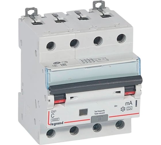Изображение товара Автоматический выключатель дифференциального тока Legrand DX³ 6000 - 10 кА - тип характеристики С - 4П - 400 В~ - 32 А - тип AС - 300 мА - 4 модуля 411208