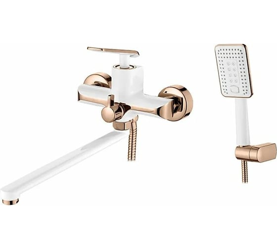 Изображение товара Смеситель для ванны LEDEME с длинным поворотным изливом, белый/розовое золото 35 см L2274WR 65910