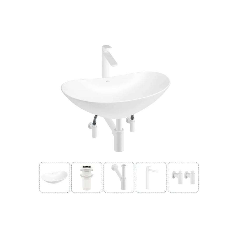 Изображение товара Набор 5 в 1 Wellsee Carefree Dove накладная раковина 60x36 см белая санфарфор