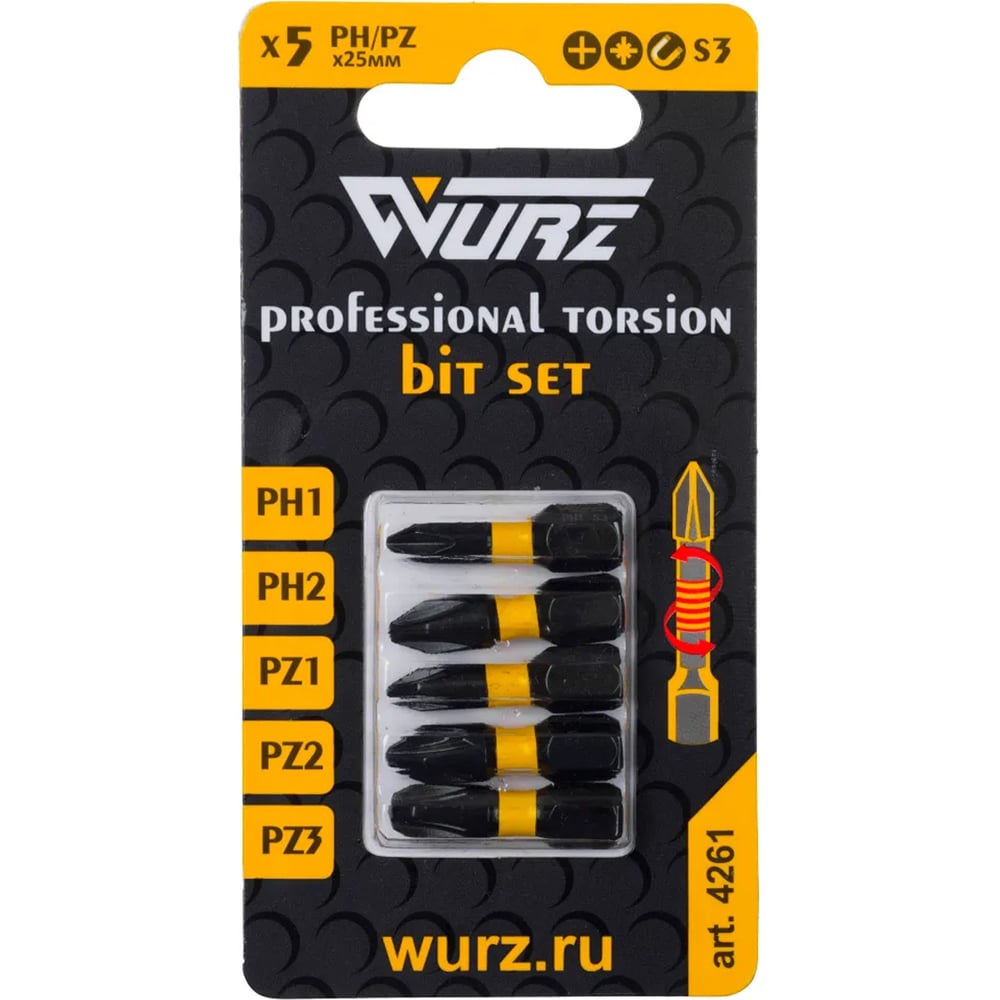 Изображение товара Набор торсионных магнитных бит WURZ 25мм PH1 PH2 PZ1 PZ2 PZ3 5шт