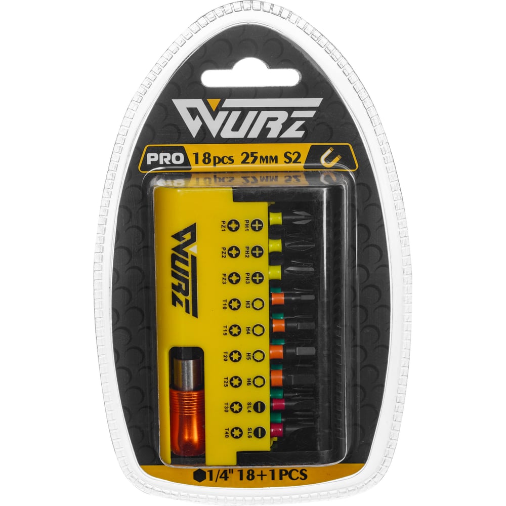 Изображение товара Набор торсионных магнитных бит WURZ 25мм PH PZ SL 9шт с футляром