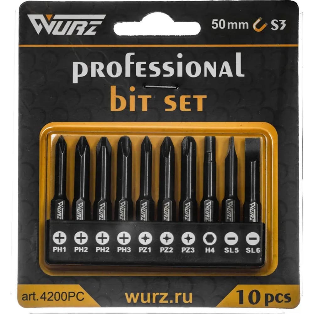 Изображение товара Набор магнитных бит WURZ 50 мм PH1 PH2 PH3 PZ1 PZ2 PZ3 SL5 SL6 H4 10 шт