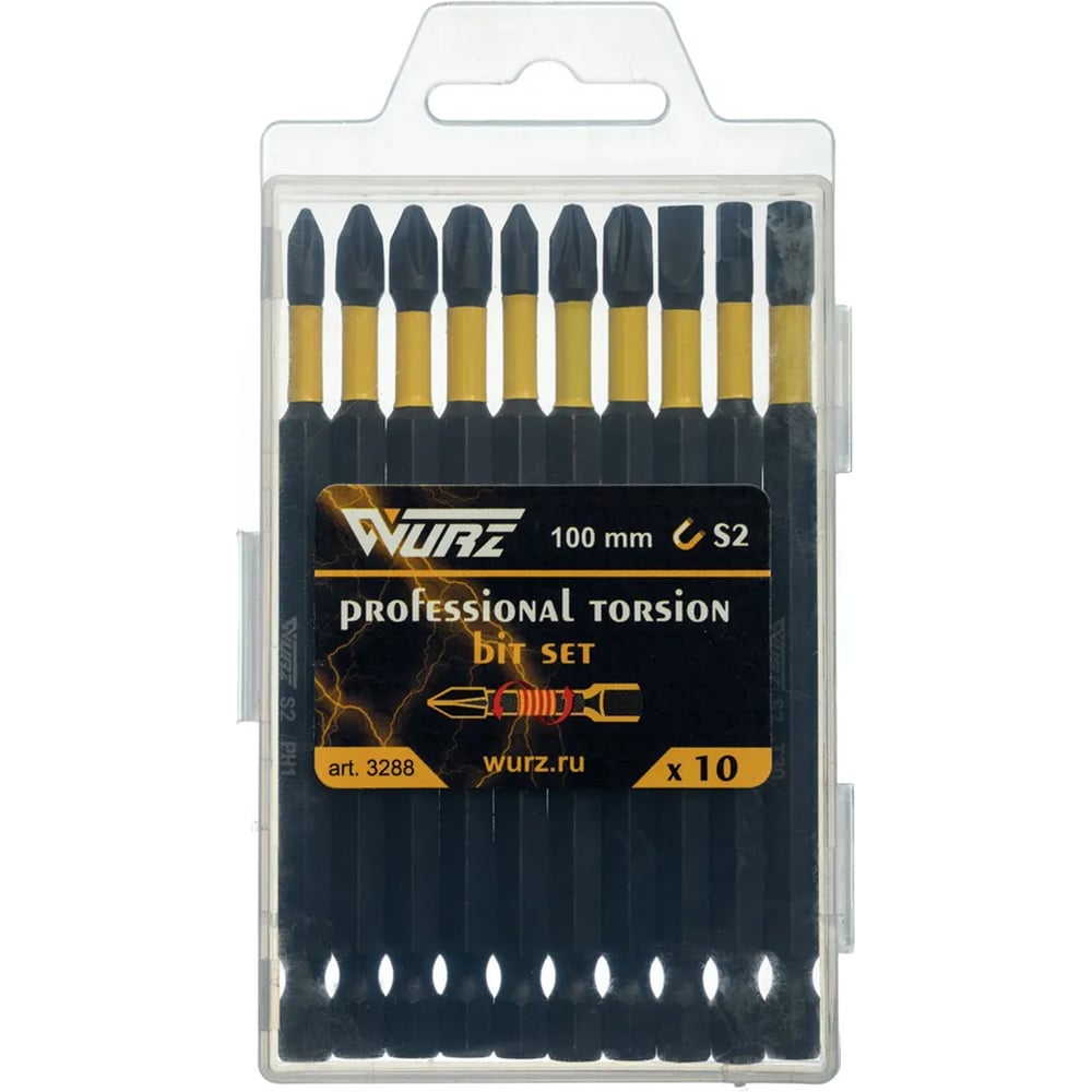 Изображение товара Набор торсионных магнитных бит WURZ 100мм, PH1,PH2(2),PH3,PZ1,PZ2,PZ3,T30,SL5.5,H4, 10шт/бокс 3288