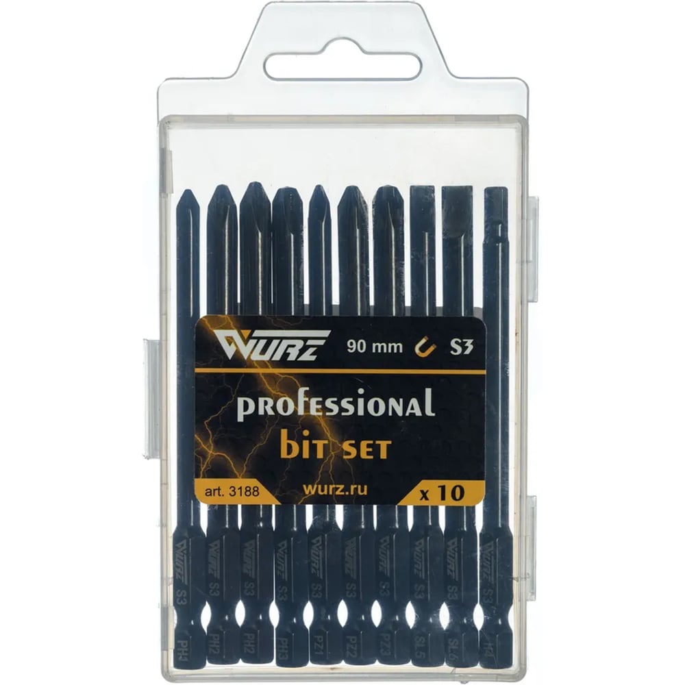Изображение товара Набор магнитных бит WURZ 90мм, PH1,PH2(2),PH3,PZ1,PZ2,PZ3,SL5,SL6,H4, 10шт/бокс 3188