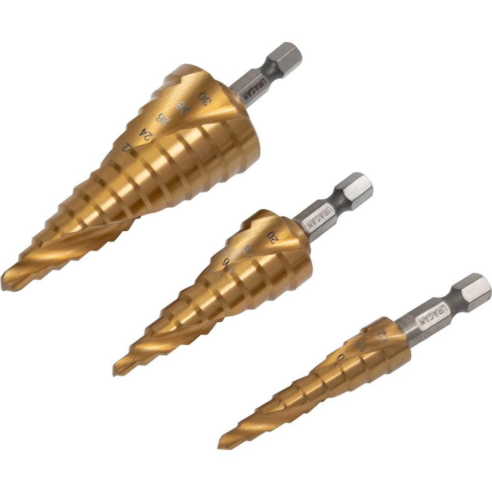 Изображение товара Набор сверл ступенчатых Uragan 3 шт 4-30 мм для металла и дерева
