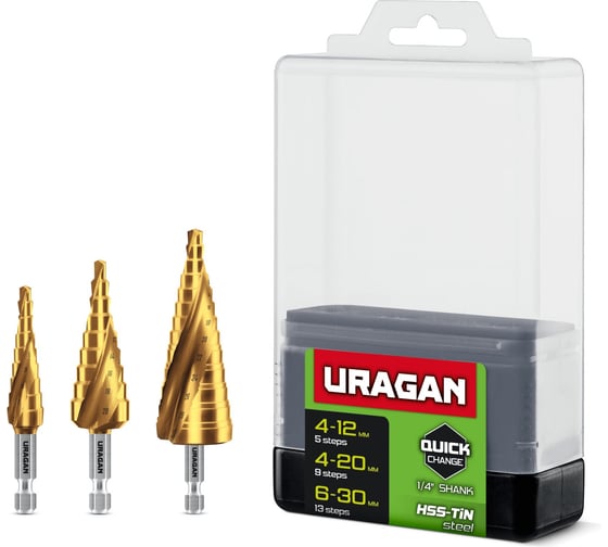 Изображение товара Набор сверл ступенчатых Uragan 3 шт, 4-30мм, винтовая спираль 29658-4-30-H3