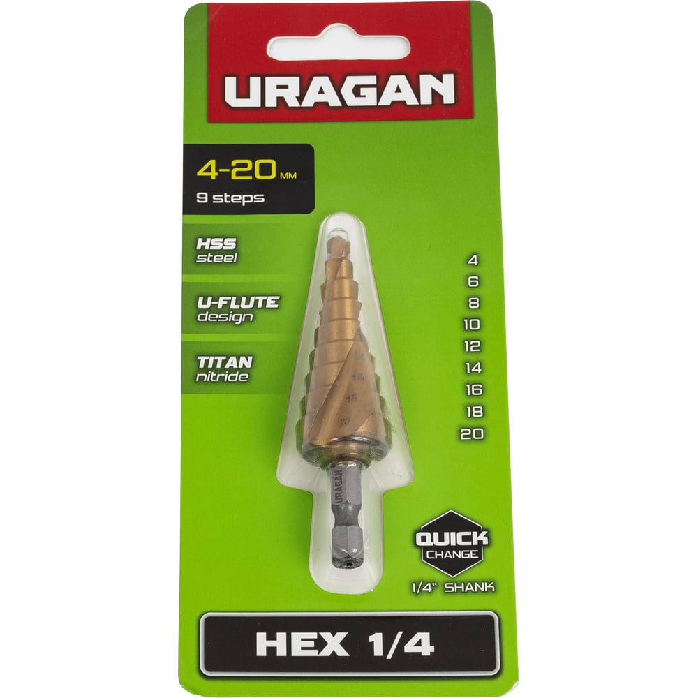 Изображение товара Сверло ступенчатое Uragan 4-20мм, 9 ступеней, HSS