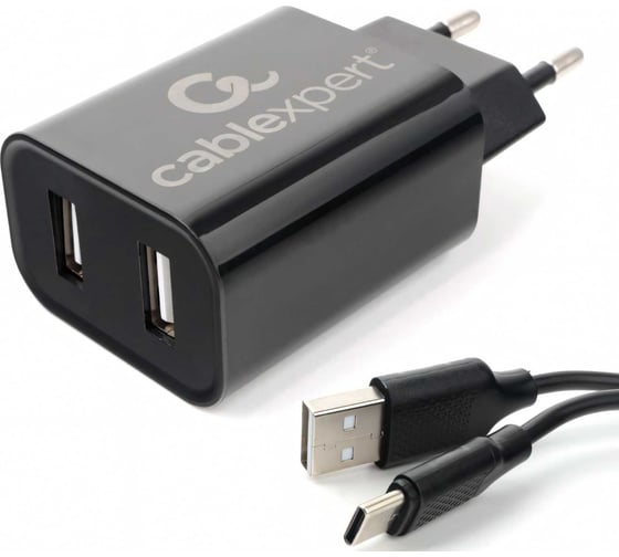 Изображение товара Адаптер питания Cablexpert USB 2 порта, 2.4A, черный + кабель 1м Type-C MP3A-PC-37
