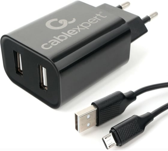 Изображение товара Адаптер питания Cablexpert USB 2 порта, 2.4A, черный + кабель 1м micro MP3A-PC-35