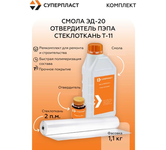Изображение товара Смола Суперпласт ЭД-20 + отвердитель ПЭПА + стеклоткань Т-11 (1,1 кг+2 п.м.) 4687207073530