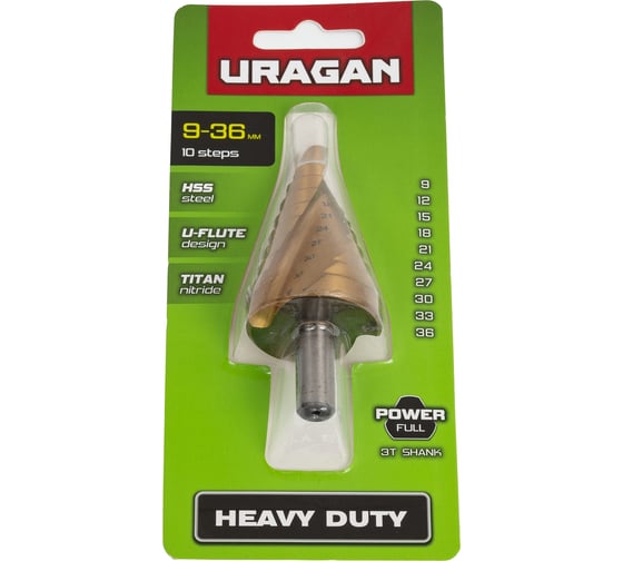 Изображение товара Сверло ступенчатое Uragan 9-36мм, 10 ступеней, винтовая спираль 29658-9-36-10