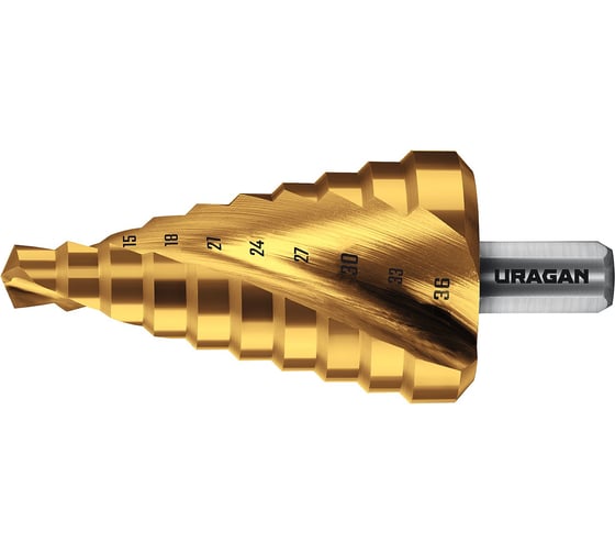 Изображение товара Сверло ступенчатое Uragan 9-36мм, 10 ступеней, винтовая спираль 29658-9-36-10