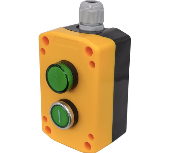 Изображение товара пост управления Электротехник ПКУ22-21V1B-65У1 1 зелёный цилиндр I (НО) лампа зелёная 24 В AC/DC IP65 ET014873