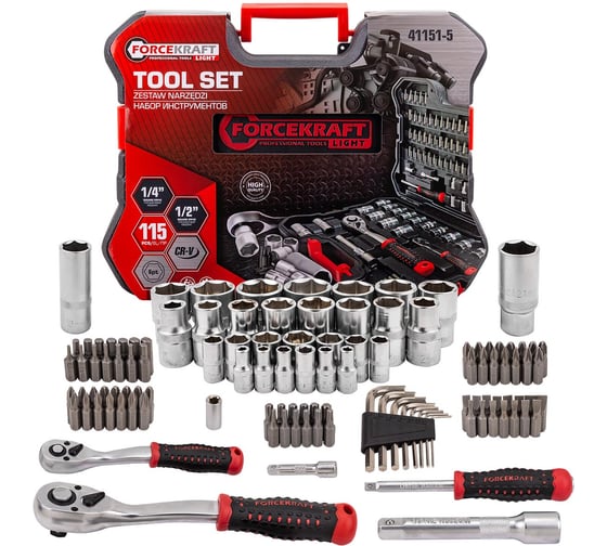 Изображение товара Набор инструментов Forcekraft 115 предметов 1/4 1/2 FK LIGHT-41151-5(63017)