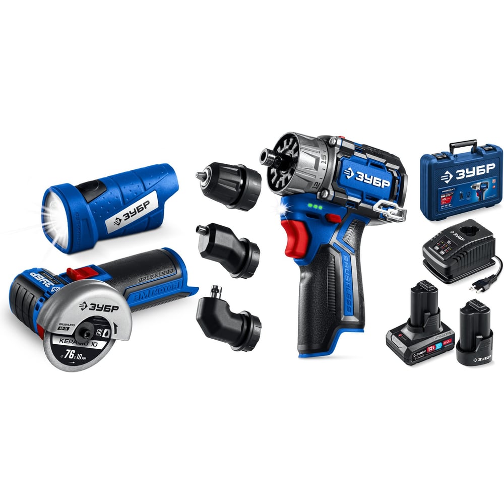 Изображение товара Набор ЗУБР Профессионал дрель-шуруповерт мини УШМ и LED фонарь 12В 45Нм 2 аккумулятора