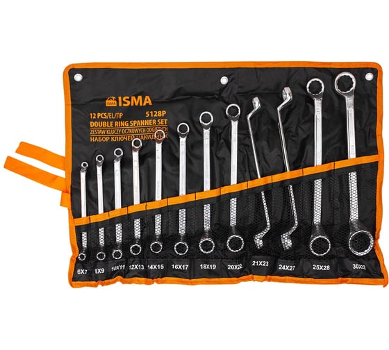 Изображение товара Ключи накидные, отогнутые на 75 градусов ISMA набор 12 предметов (6х7, 8х9, 10х11, 12х13, 14х15, 16х17, 18х19, 20х22, 21х23, 24х27, 25х28, 30х32мм) ISMA-5128P(63048)