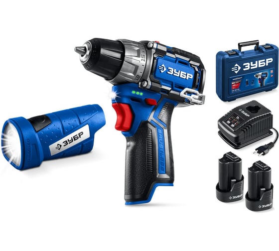 Изображение товара Компакт набор ЗУБР Профессионал дрель-шуруповерт + LED фонарь, 12В, 45Нм, 2 аккумулятора, тип Т7, 2Ач, кейс DB-121-22F