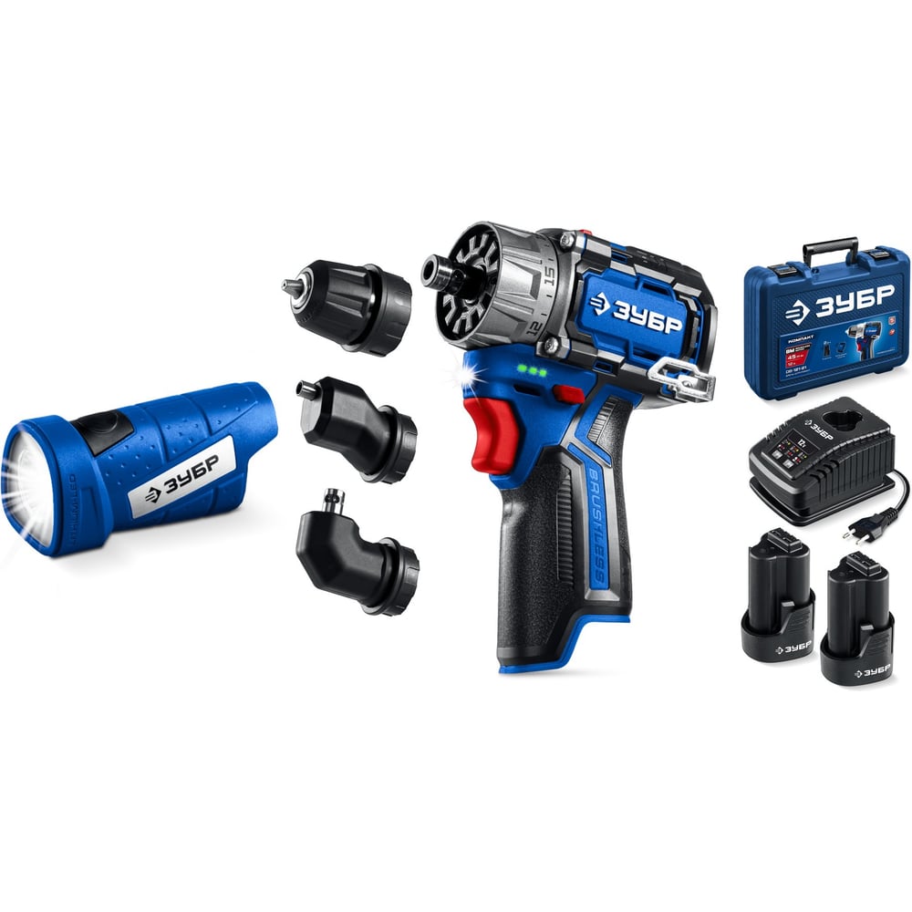 Изображение товара Комби набор ЗУБР Профессионал дрель-шуруповерт + LED фонарь, 12В, 45Нм, 2 аккумулятора, кейс