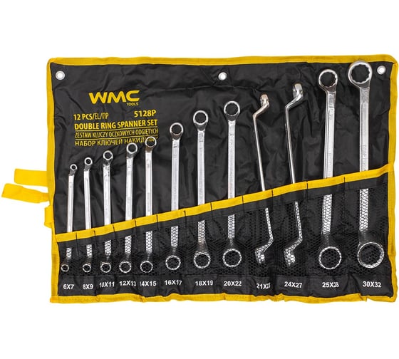 Изображение товара Ключи накидные, отогнутые на 75 градусов WMC TOOLS набор 12 предметов (6х7, 8х9, 10х11, 12х13, 14х15, 16х17, 18х19, 20х22, 21х23, 24х27, 25х28, 30х32мм) WMC-5128P(63063)