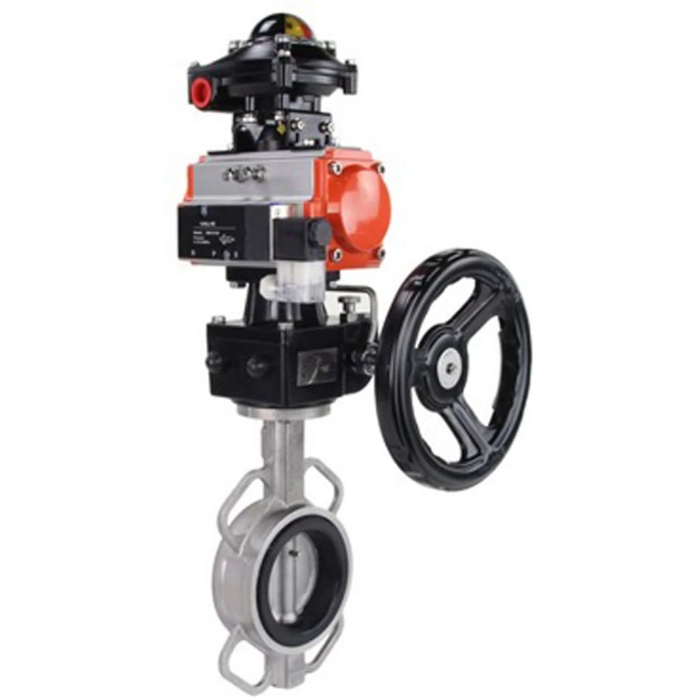 Изображение товара Затвор дисковый 316L Ду150 Ру16 с пневмоприводом и ручным дублёром