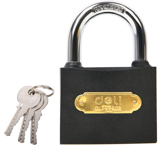 Изображение товара Замок навесной Deli стальной, 75мм DL508909, 3 ключа, латунная личинка 179403